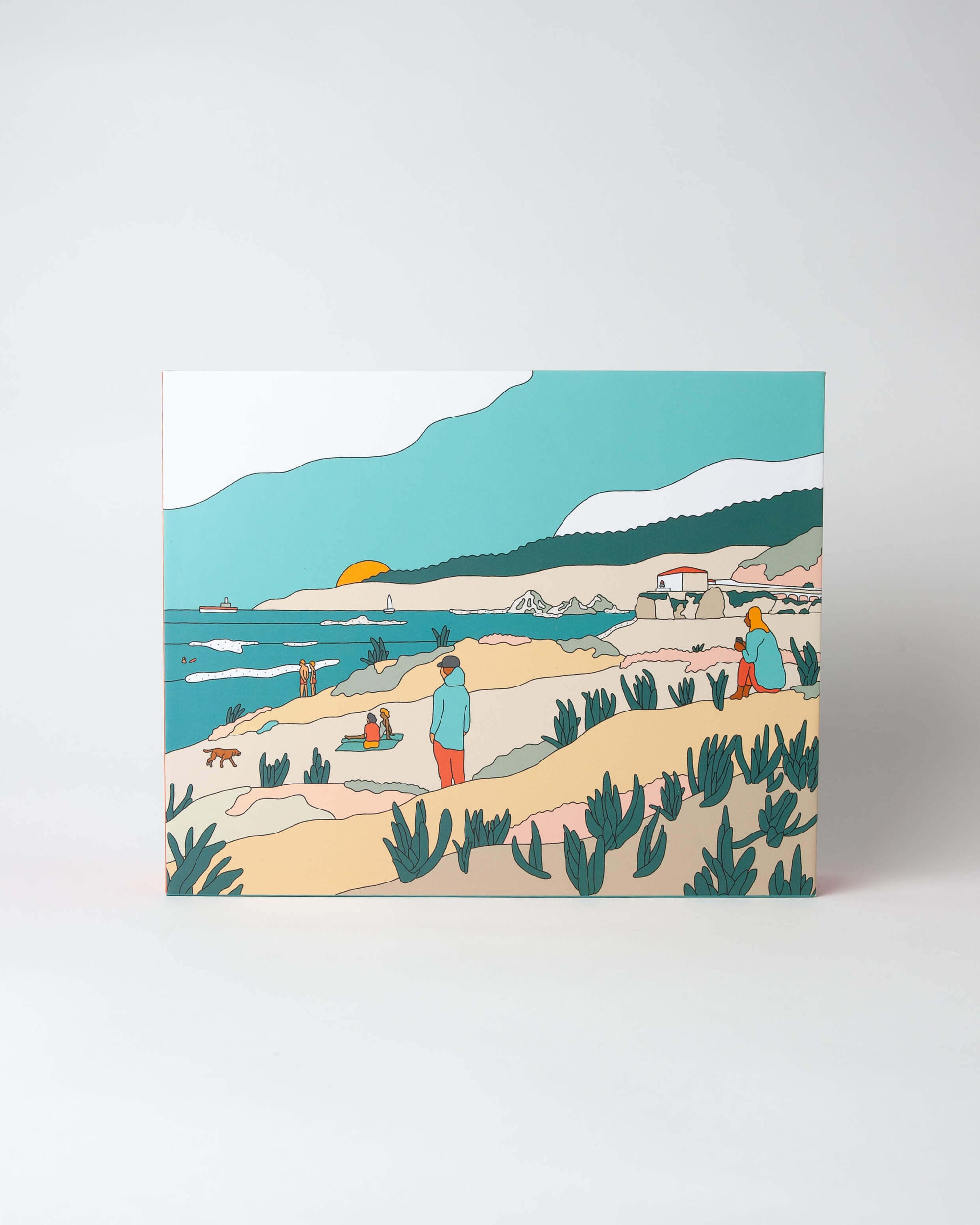 500-piece Sunset Sessions puzzle showcasing a colorful sunset and surfing scene