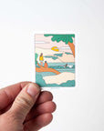 Set of vibrant stickers with surfing, snowboarding, and camping-inspired art